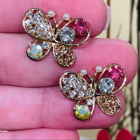 Woman's Girls Rhinestone & Faux Pearl Butterfly Design Gold Tone Earrings - Picture 8 of 10